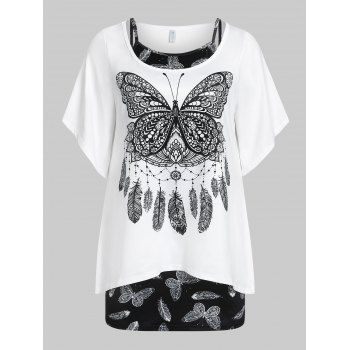 Plus  Size Butterfly Print Bell Sleeve T-shirt and Tank Top Set
