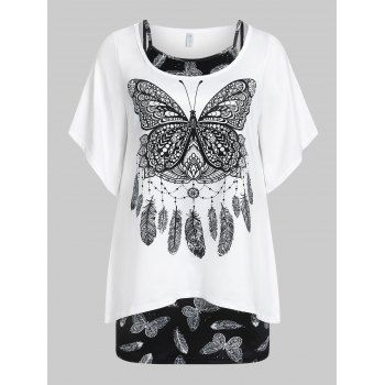 

Plus Size Butterfly Print Bell Sleeve T-shirt and Tank Top Set, White