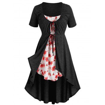 

Plus Size High Low Tie Front T Shirt with Flower Print Camisole, Black