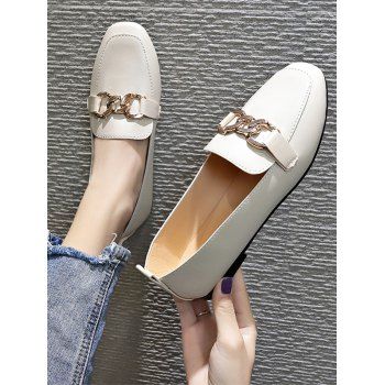 

Square Toe Chain Embellished Slip-On Shoes, Beige