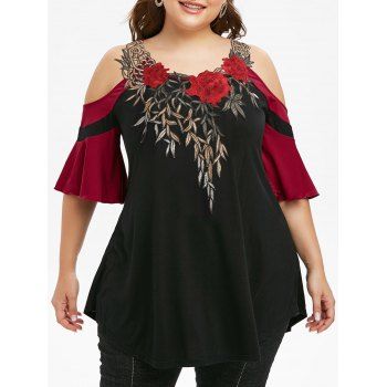 

Plus Size Embroidered Cold Shoulder T Shirt, Black