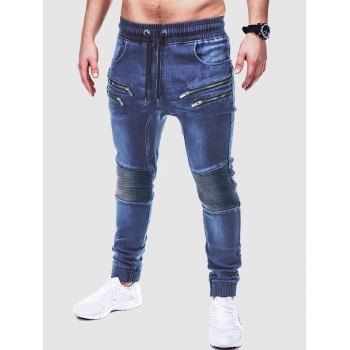 

Zipper Embellishment Patchwork Jeans, Deep blue