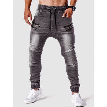 

Zipper Embellishment Patchwork Jeans, Gray