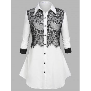 

Plus Size Lace Panel Button Up Shirt, White