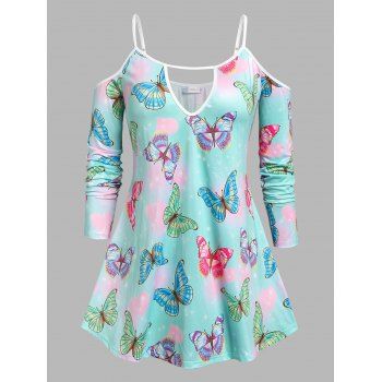 

Plus Size Keyhole Cold Shoulder Butterfly Print Tee, Multicolor