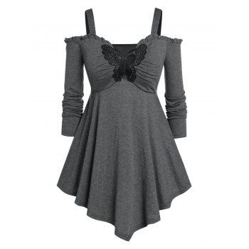 

Plus Size Cold Shoulder Lace Butterfly T-shirt, Gray