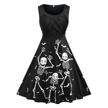 

Plus Size Skeleton Print Halloween Flare Dress, Black