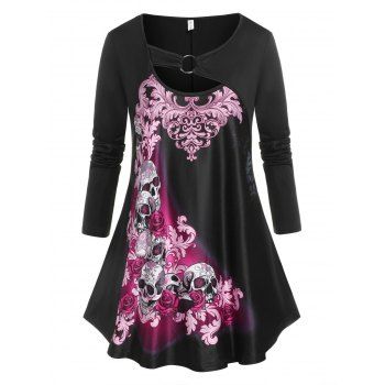 

Plus Size Skull Flower Ring Long Sleeve Tee, Black