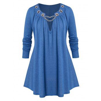 

Plus Size Chains Grommets Embellishment Tee, Deep blue