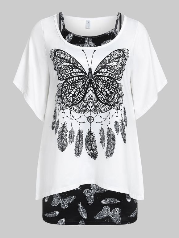 Ensemble de T-shirt à Imprimé Papillon à Manches de Cloche de Grande Taille et de Débardeur - Blanc 5X
