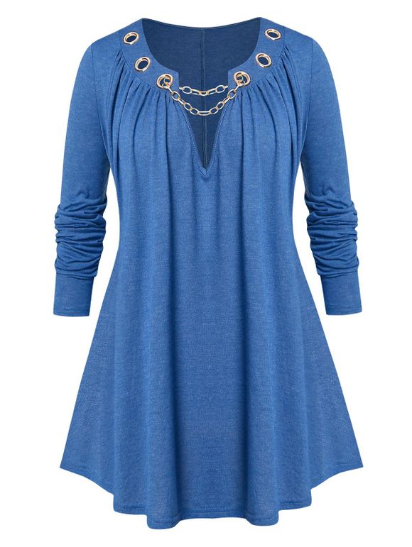T-shirt Embelli de Chaîne de Grande Taille à Œillet - Bleu profond 5X