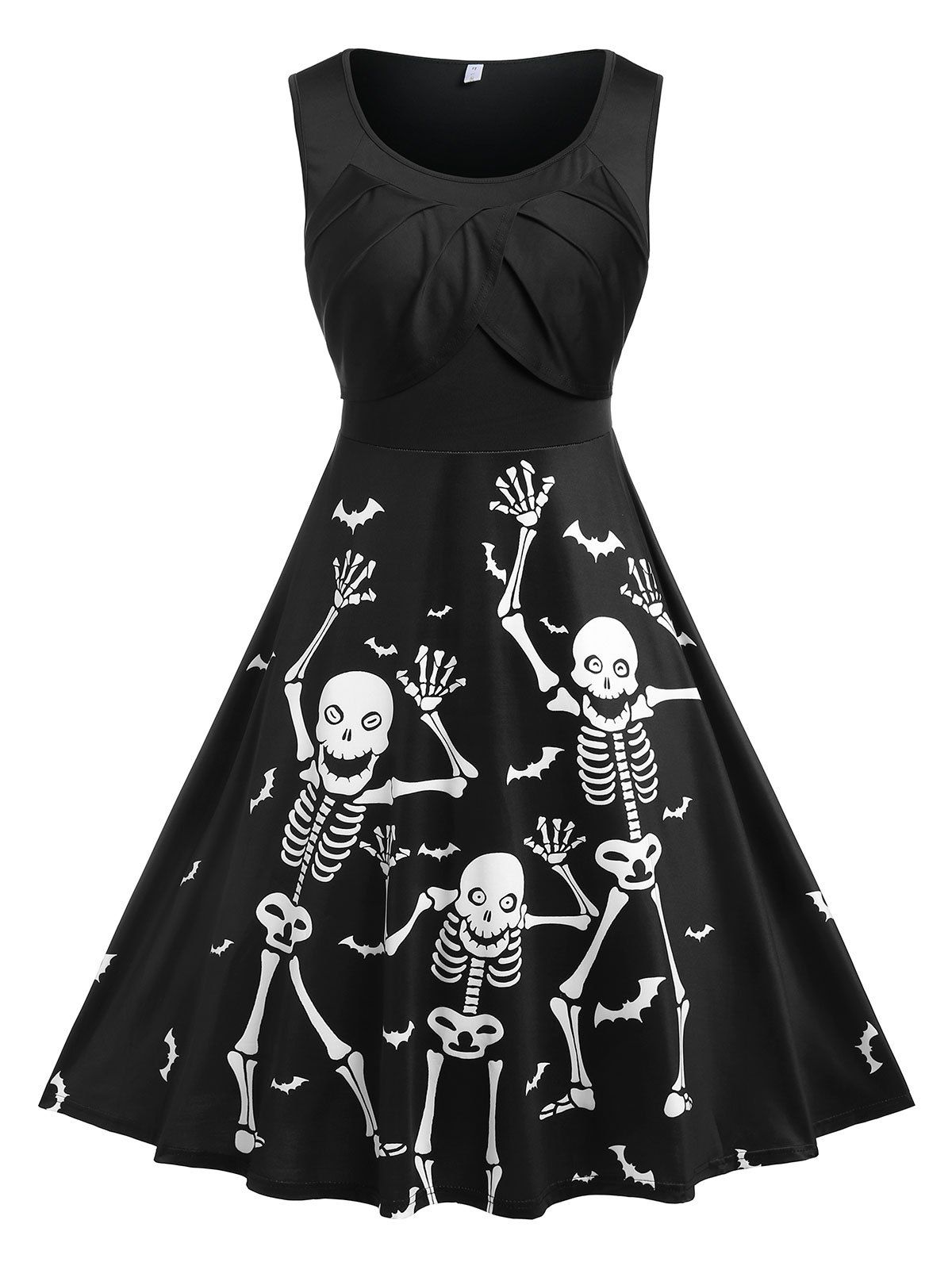 Plus Size Skeleton Print Halloween Flare Dress - BLACK 2X