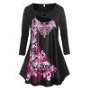 T-shirt Fleur Crâne Anneau de Grande Taille à Manches Longues - Noir 3X