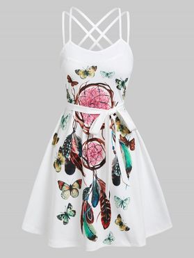 Dream Catcher Butterflies Print Strappy Belted Dress