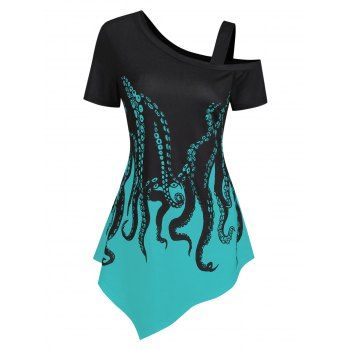 

Skew Neck Octopus Print Asymmetrical T-shirt, Celeste