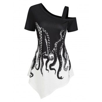 

Skew Neck Octopus Print Asymmetrical T-shirt, Black