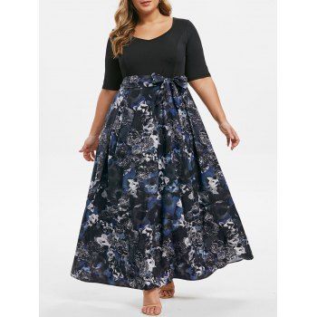 

Plus Size Floral Print Belted 2 in 1 Maxi Dress, Black