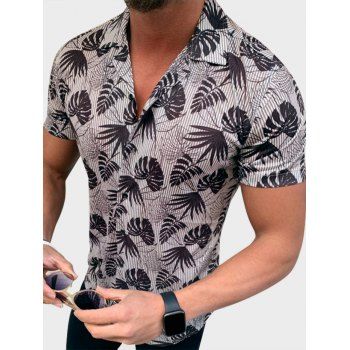 

Button Up Tropical Leaves Stripes Print Shirt, Black