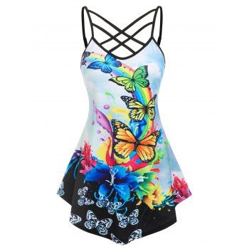 

Rainbow Butterflies Print Criss-cross Cami Top, Black