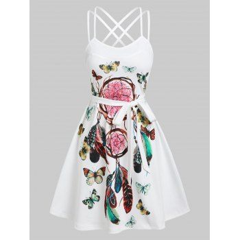 

Dream Catcher Butterflies Print Crisscross Strappy Belted Mini Dress, White