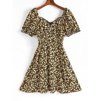 

Plus Size Ditsy Floral Frilled Puff Sleeve Shirred Back Dress, Black
