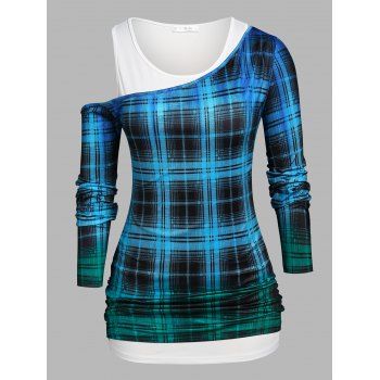

Plus Size Skew Neck Plaid T-shirt and Tank Top Set, Blue