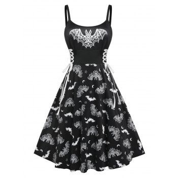 

Plus Size Halloween Lace Up Bat Print Dress, Black