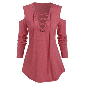 

Cold Shoulder Lace-up Plunge Neck T-shirt, Red