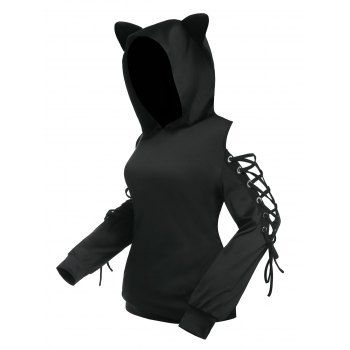 

Plus Size Cold Shoulder Lace Up Hoodie, Black