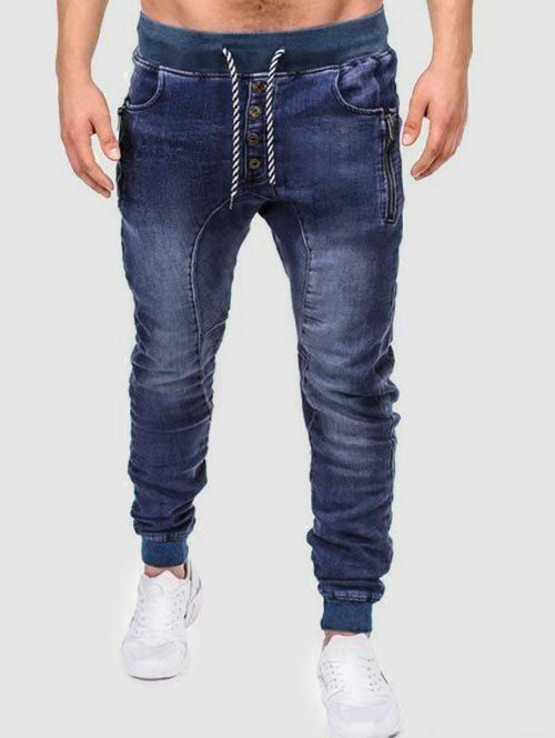 Zippers Snap Buttons Embellishment Jeans - BLUE XL
