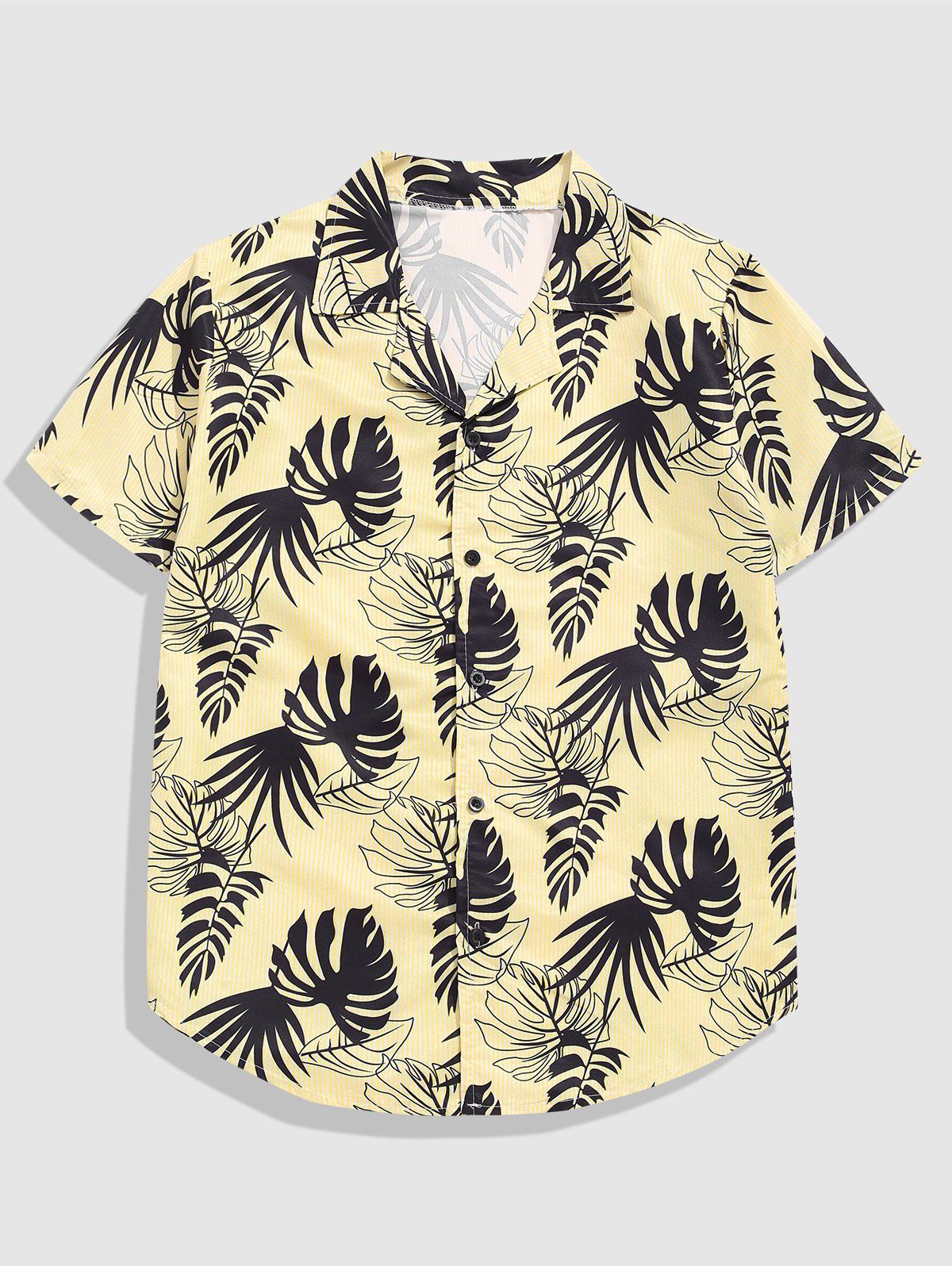 Button Up Tropical Leaves Stripes Print Shirt - YELLOW S