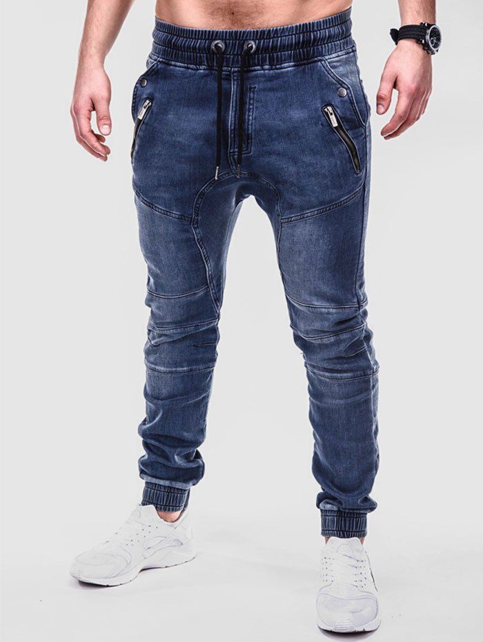 Solid Color Patchwork Zipper Jeans - BLUE XXXL