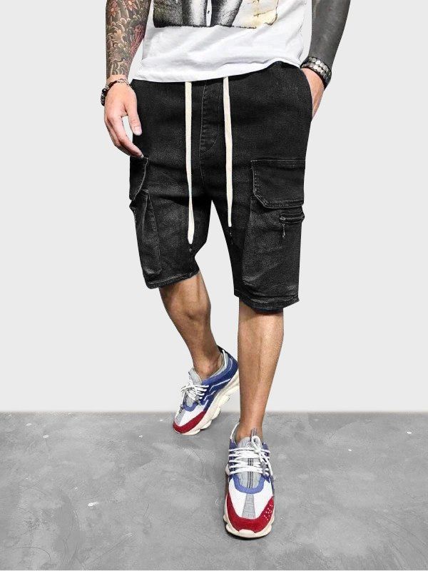 Drawstring Multi Pockets Jean Cargo Shorts - BLACK XXXL