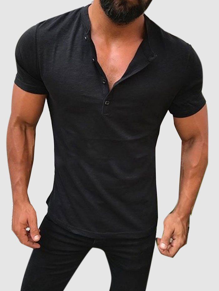 Short Sleeve Henley Plain T-shirt - BLACK XXL
