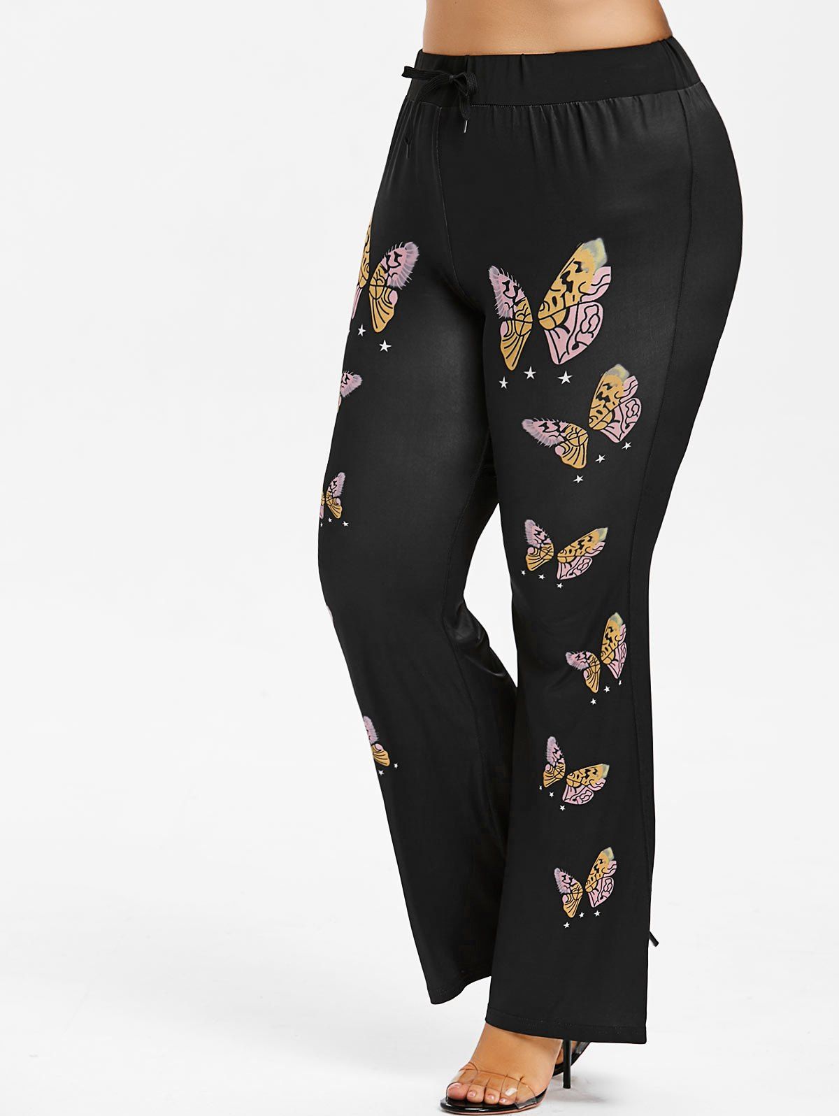 Pantalon à Imprimé Papillon de Grande Taille à Ourlet de Cloche - Noir 1X
