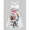 Dream Catcher Butterflies Print Crisscross Strappy Belted Mini Dress - WHITE L
