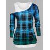 Ensemble de T-shirt à Carreaux de Grande Taille à Col Oblique et de Débardeur - Bleu L