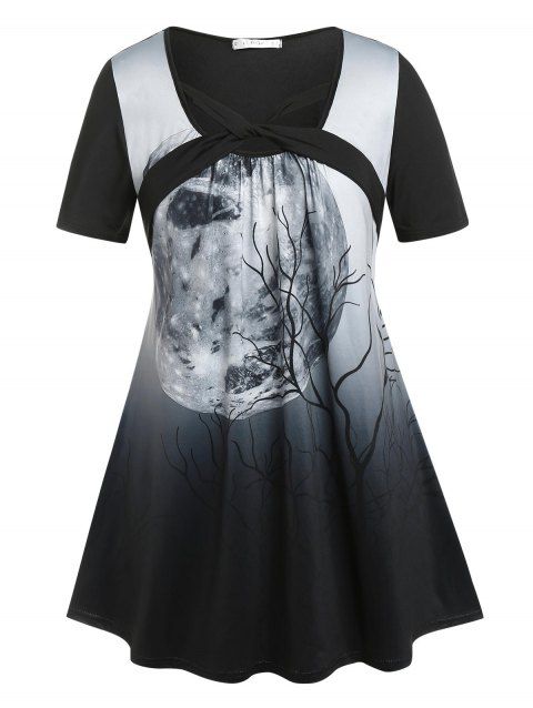 T-shirt D'Halloween Tordu à Imprimé Lune et Arbre de Grande Taille