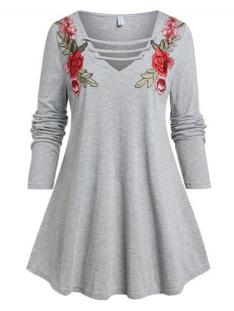 Plus Size Flower Embroidered Straps Long Sleeve Tee