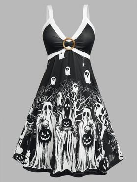 Plus Size Bicolor Ghost Pumpkin Printed Dress