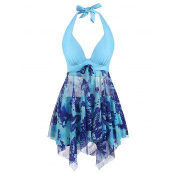 

Halter Butterfly Print Bowknot Mesh Handkerchief Tankini Swimwear, Light blue