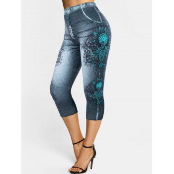 

3D Print Bohemian Floral Crop Jeggings, Gray