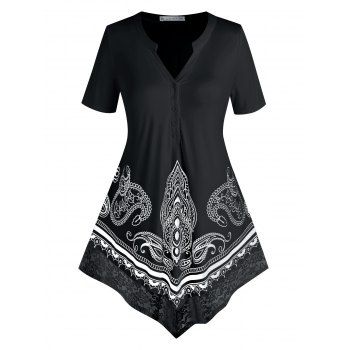 

Plus Size Paisley Half Placket Lace Hem Long Tee, Black