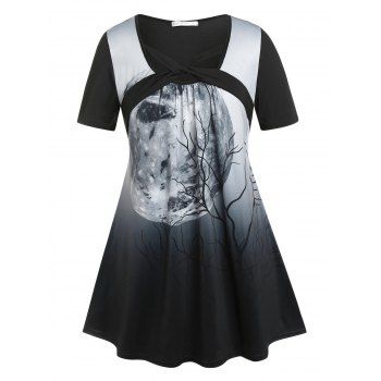 

Plus Size Twist Halloween Moon Tree Print T-shirt, Black