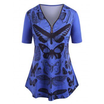 

Quarter Zip V Neck Butterfly Print Plus Size Tee, Blue