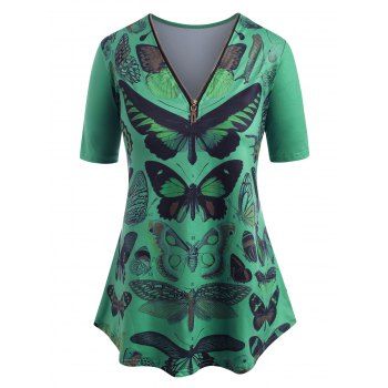 

Quarter Zip V Neck Butterfly Print Plus Size Tee, Green