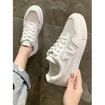 

Letter Pattern Mesh Lace Up Flat Sneakers, White