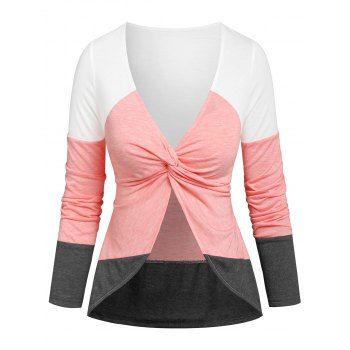 

Twist Front Plunge Neck Color Block T-shirt, Multicolor