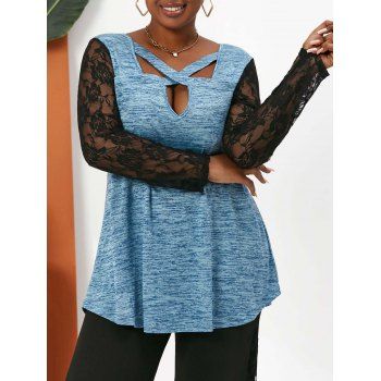 

Plus Size Lace Sleeves Criss Cross Keyhole Heather T Shirt, Light blue