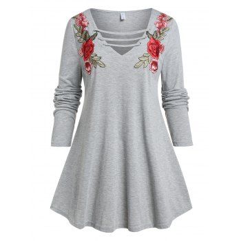 

Plus Size Flower Embroidered Straps Long Sleeve Tee, Gray